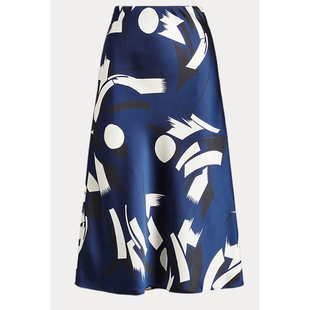 Ralph Lauren Black Label Silk Abstract Print Bias Midi Skirt – Navy & Ivory Sz 6 - Picture 2 of 9